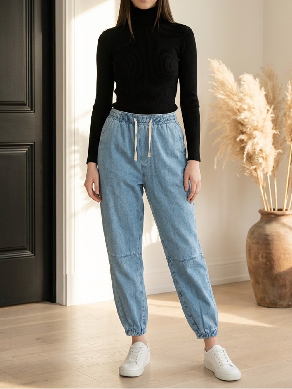 Zara Light Blue Drawstring Boyfriend Jogger Jeans